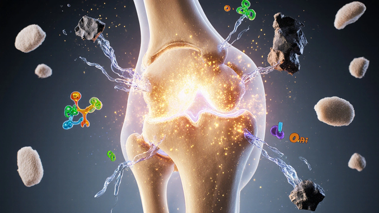 Průřez kloubu s regenerací chrupavky pod vlivem vitamínu C a omega-3, zatímco zpracovaný cukr zaniká.