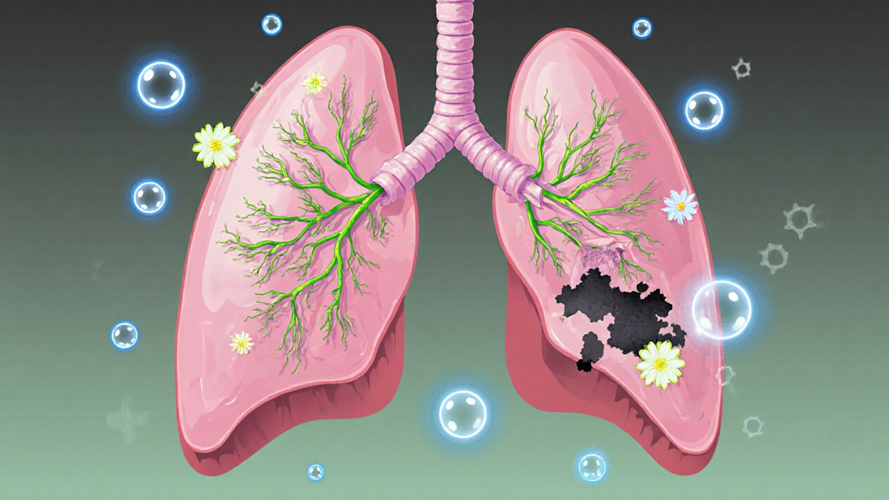 Průřez plic s obnovujícími se řasinkami a roztahujícími se alveolami, černý tar mizí, kyslík proudí čistým vzduchem.