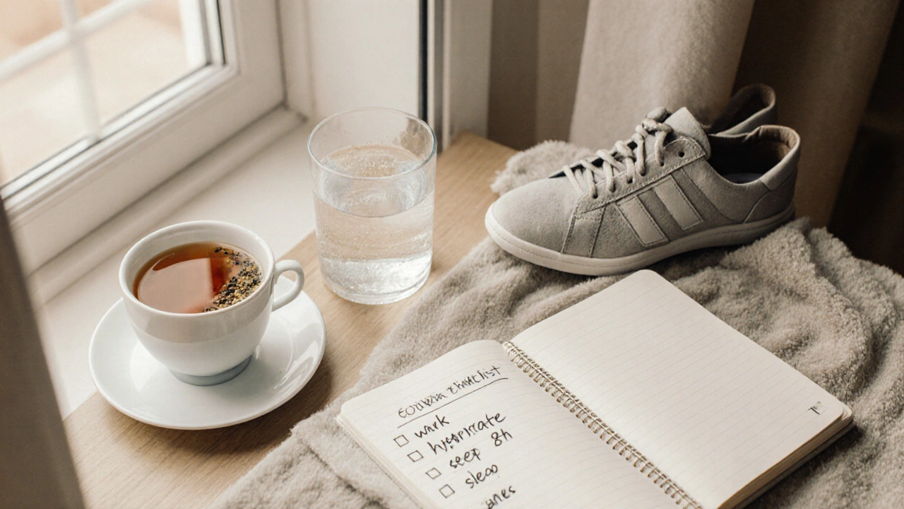 Ranní rutina: prášek kolagenu ve sklenici vody, čaj, sešit s kontrolním seznamem a pohodlné boty u dveří.