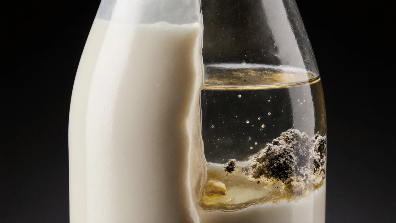 Rozdělené tělové mléko v lahvi: oddělené vrstvy a plísňové skvrny v temném prostředí.