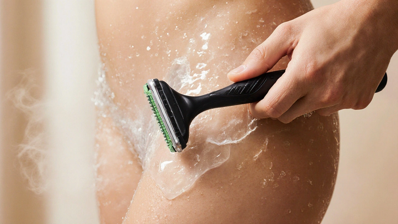 Ruka drží břitku pod úhlem 30 stupňů při holení citlivé oblasti s vodou a aloe verou.