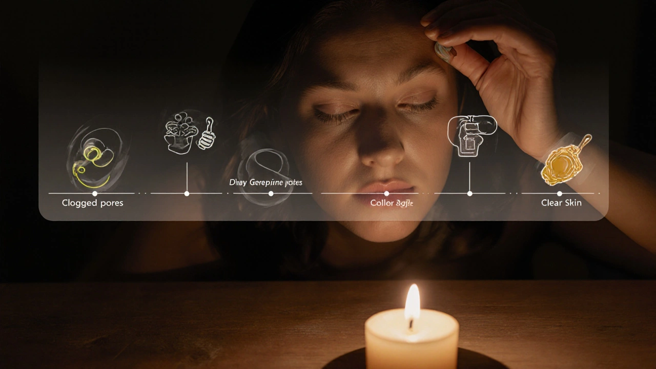 Ruka nanáší kastorový olej na nos s představou pronikání do pórů.