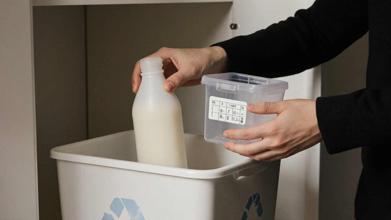Ruka ukládá použitou láhev do sběrného kontejneru pro kosmetiku, druhá ruka drží čistou prázdnou nádobu.