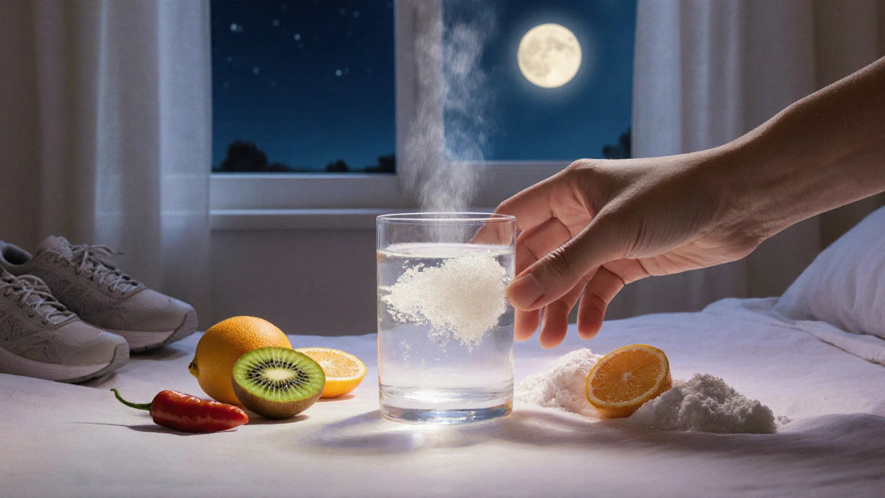 Sklenice s hydrolyzovaným kolagenem a vitamínem C, symbolizující regeneraci kloubů.