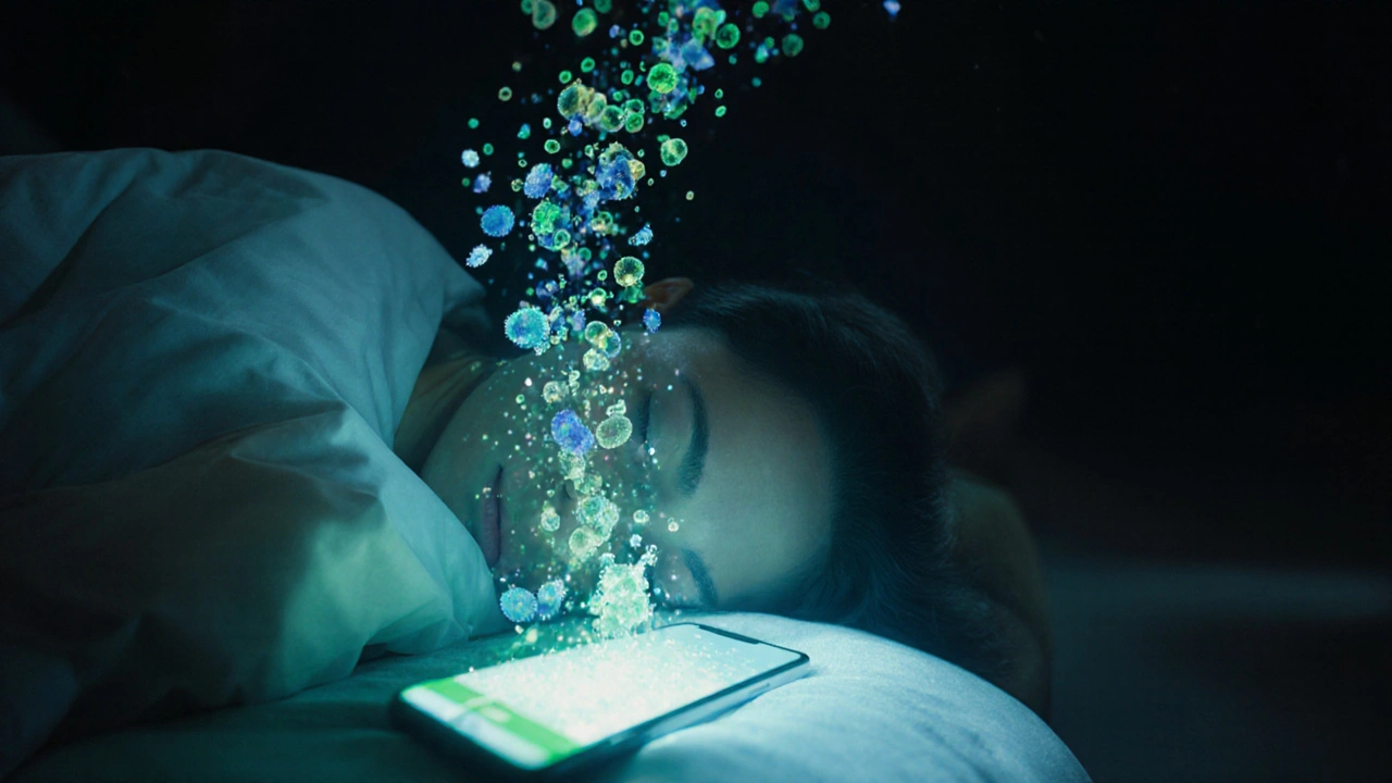 Smartphon na polštáři s mikroskopickými částicemi, které ovlivňují kůži, v kontextu léčby.