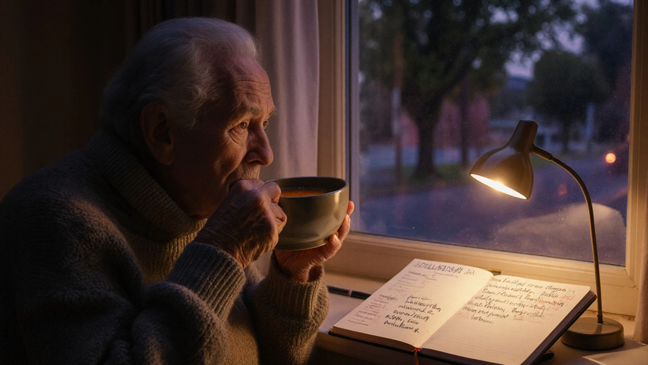 Starší osoba pije vývar večer u okna, na stole týdenní plán jídel pro klouby.