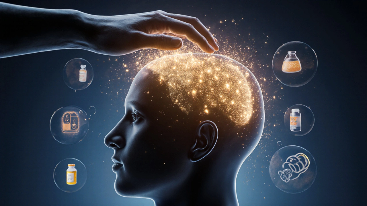 Stylizovaný náhled kůže hlavy s osvětlenými vlasovými kořínky a proudem živin tekoucích do nich.