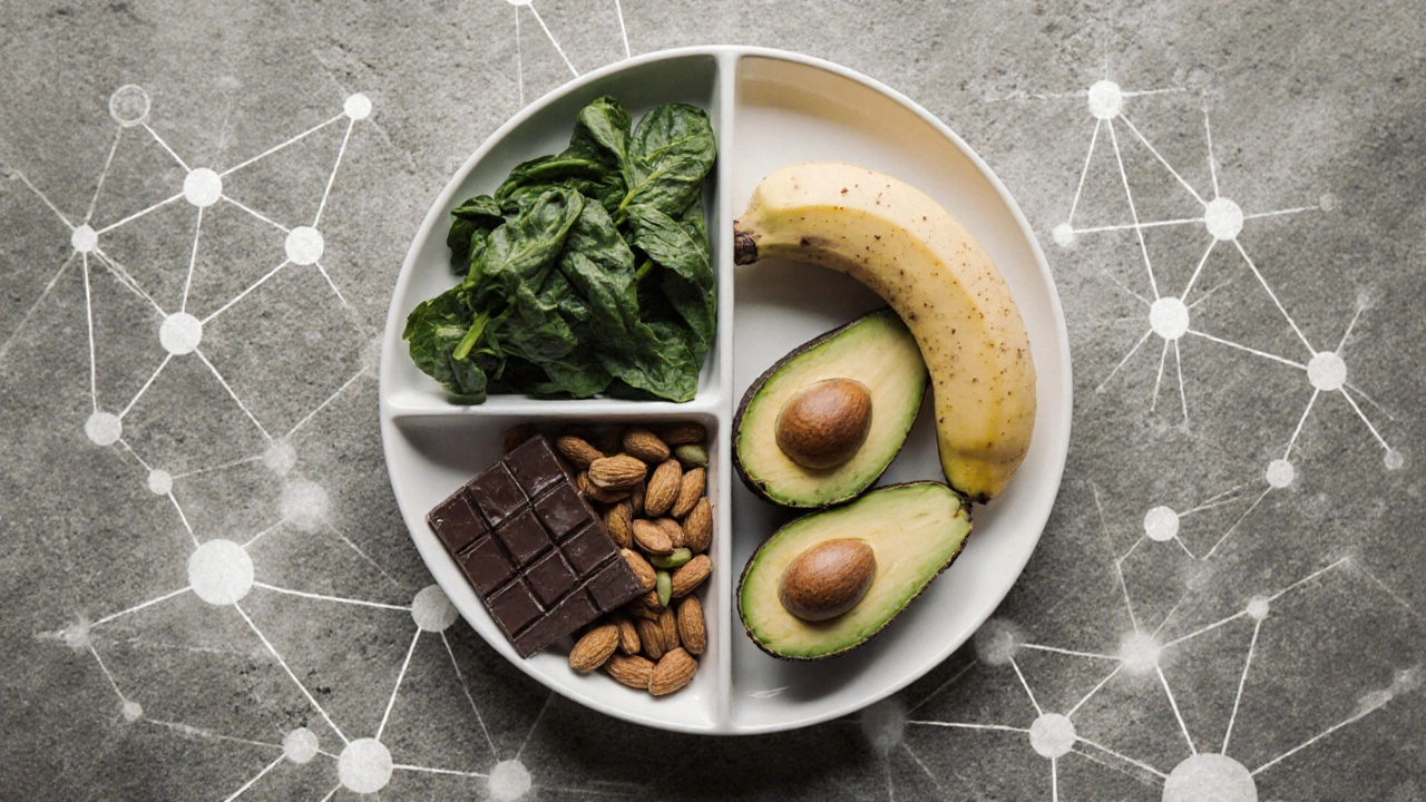 Talíř s přirozenými zdroji hořčíku: špenát, mandle, dýňová semínka, černá čokoláda, avokádo a banány.