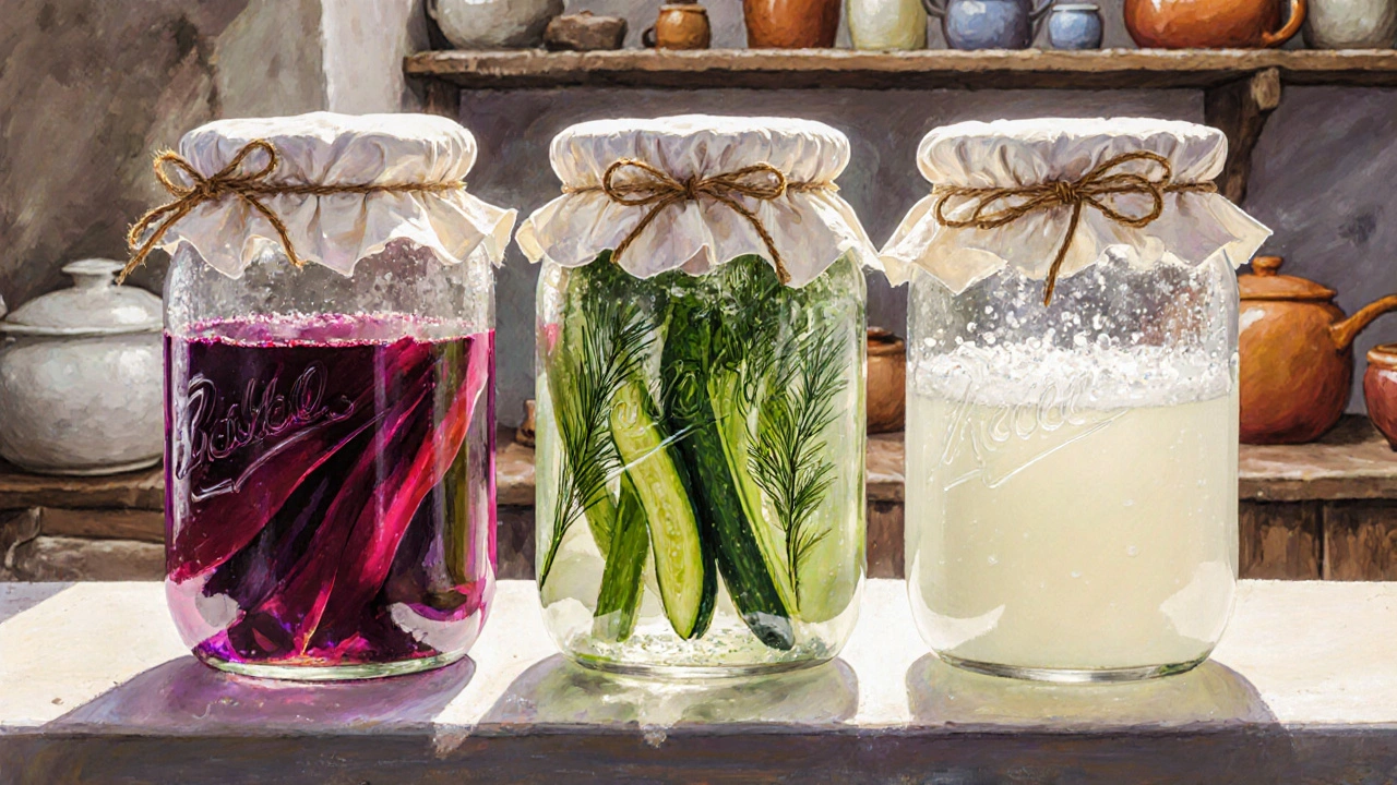 Tři kvašené nádoby na okenním výklenku s pokrývkami z látky