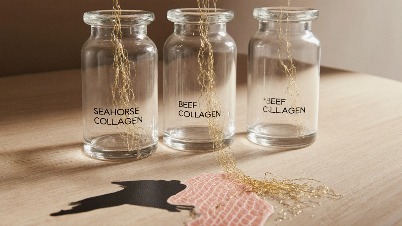 Tři skleněné lahve s různými zdroji kolagenu a zlatými vlákny spojujícími je s kůží