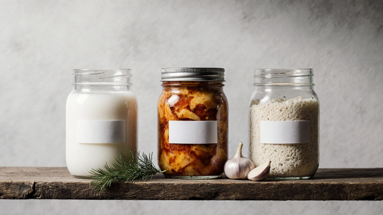 Tři skleněné nádoby s kvasenými potravinami a česnekem na neutrálním pozadí.