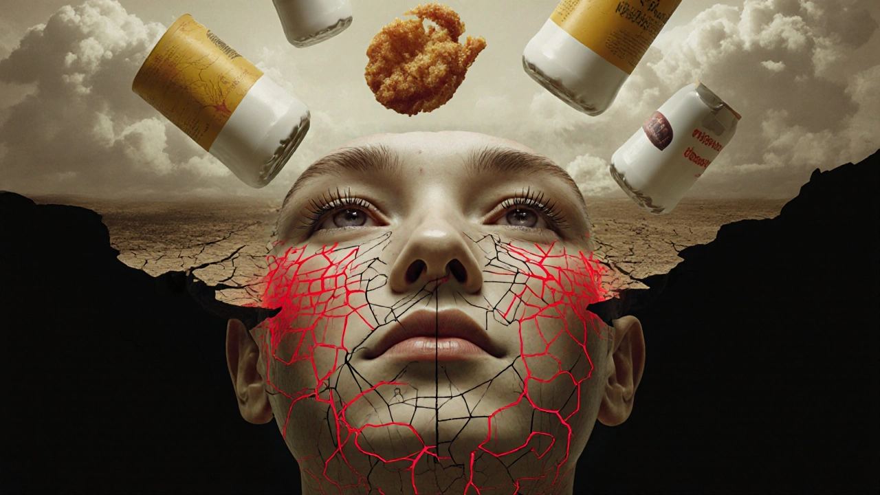 Tvář přeměněná v prasklou krajinu, nad ní plné láhve mléka a smažené potraviny, červené záněty na kůži.
