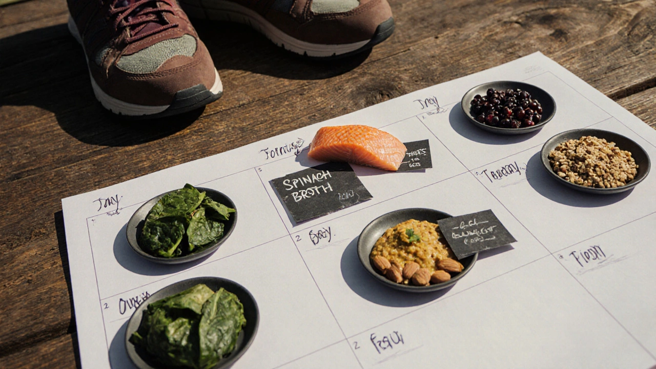 Týdenní plán stravy pro klouby s symbolickými potravinami na talířích.