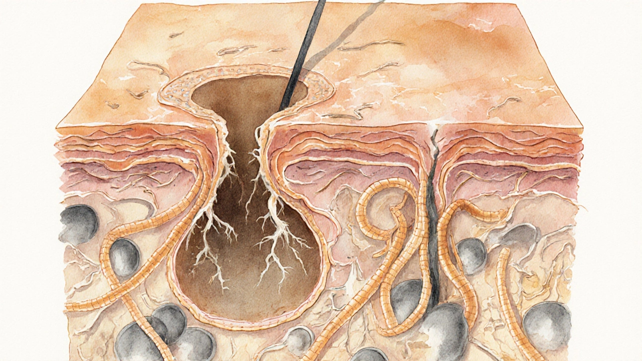 Umělecká ilustrace kůže s rozpadajícími se vlákny kolagenu a přetěžovanými mazovými žlázami.