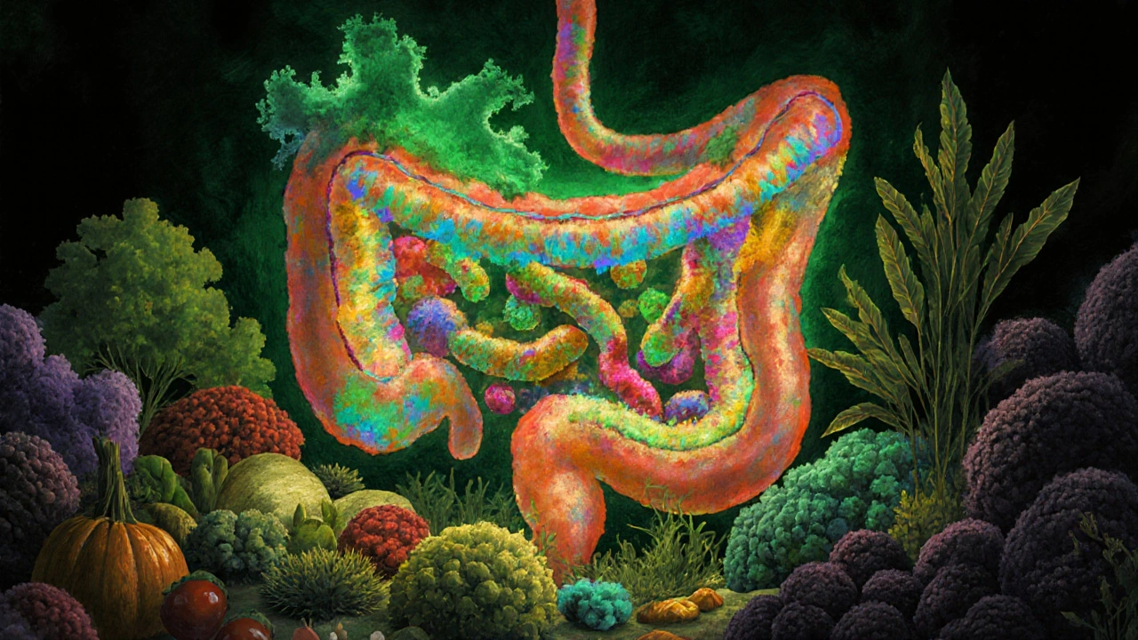 Umělecké znázornění střevní mikroflóry s prospěšnými bakteriemi a potravinami.