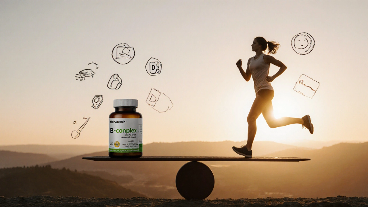 Váha s multivitamínem na jedné straně a běžcem na druhé, symbolizující rovnováhu.