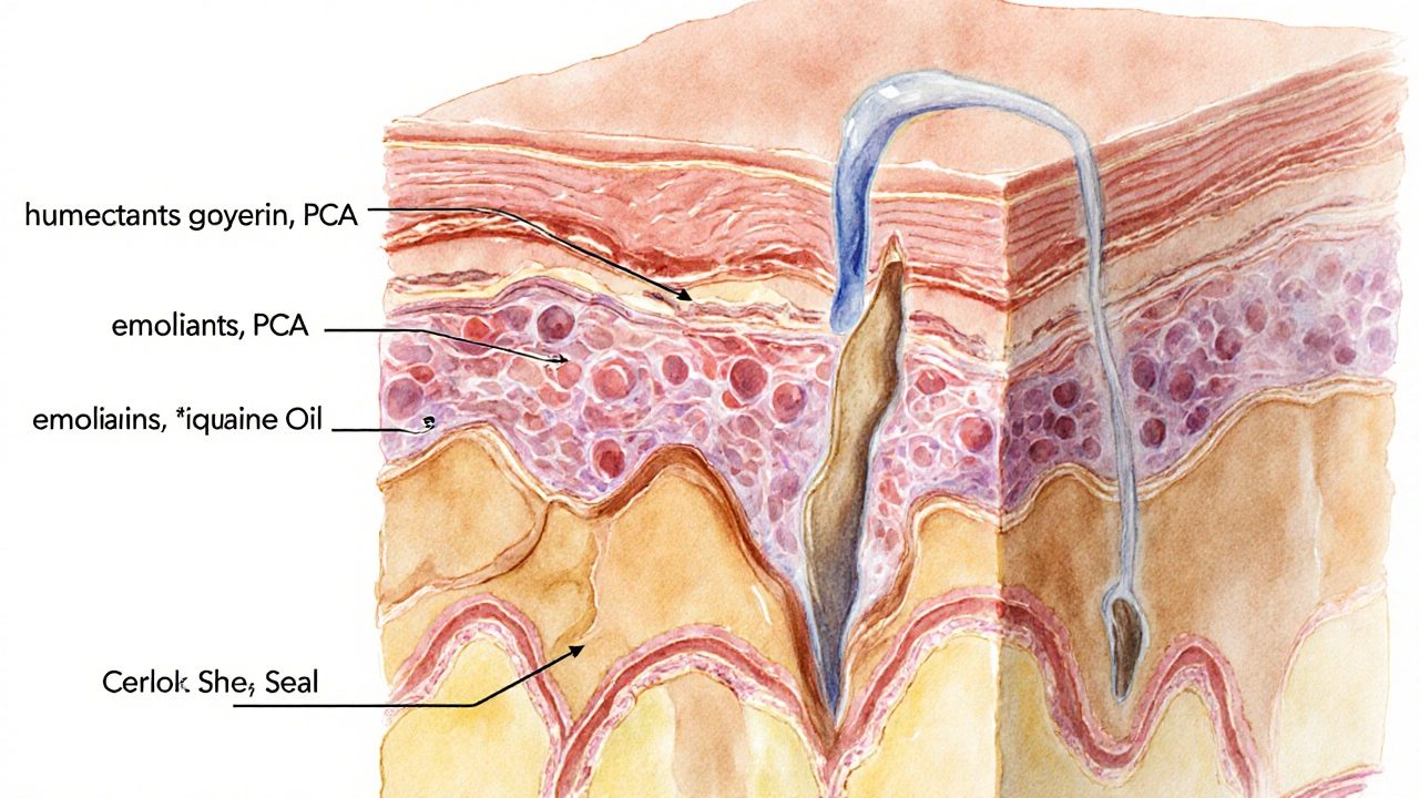 Vnitřní vrstvy pleti s látkami hydratujícími: humektanty, emolienty a okluzívy, znázorněné barevně a průhledně.