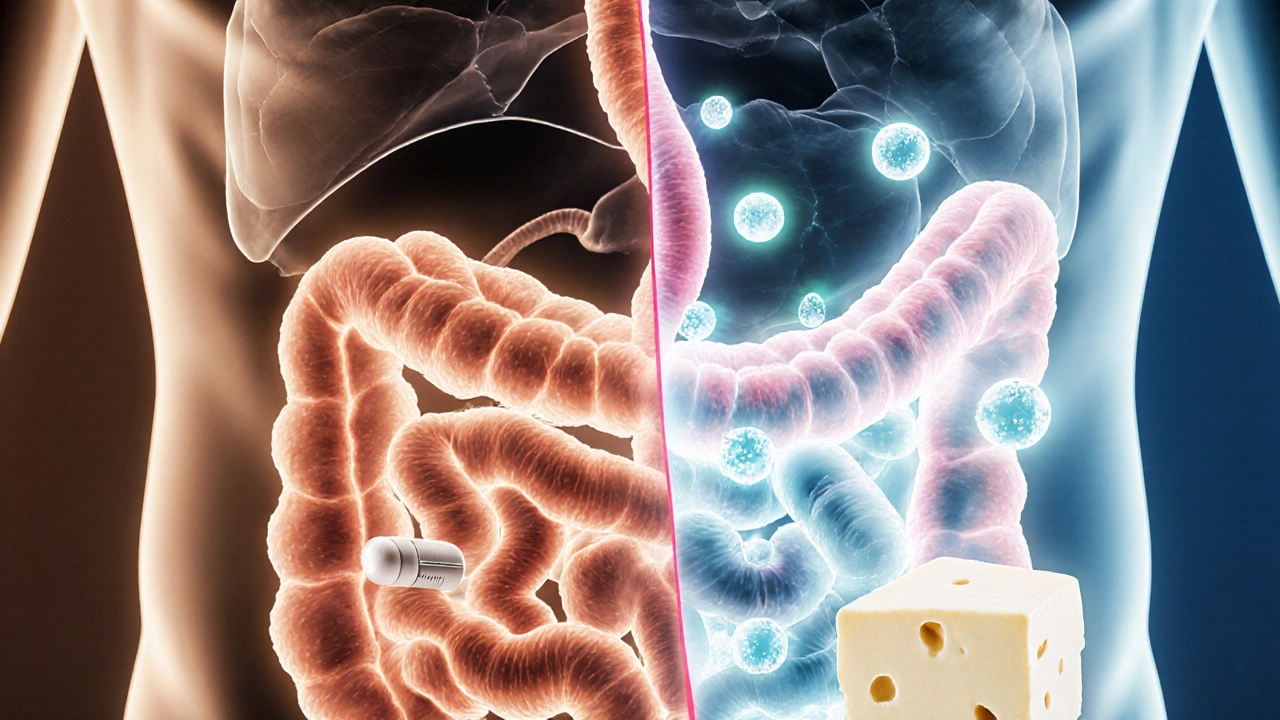 Vnitřní výřez střev s antibiotiky a mléčnými výrobky blokujícími účinek léku.