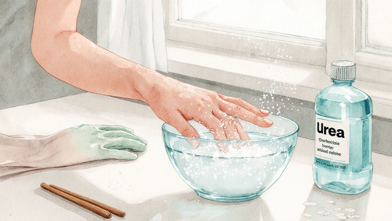 Žena jemně ponořuje prst do solné vody při domácí péči o zánět.