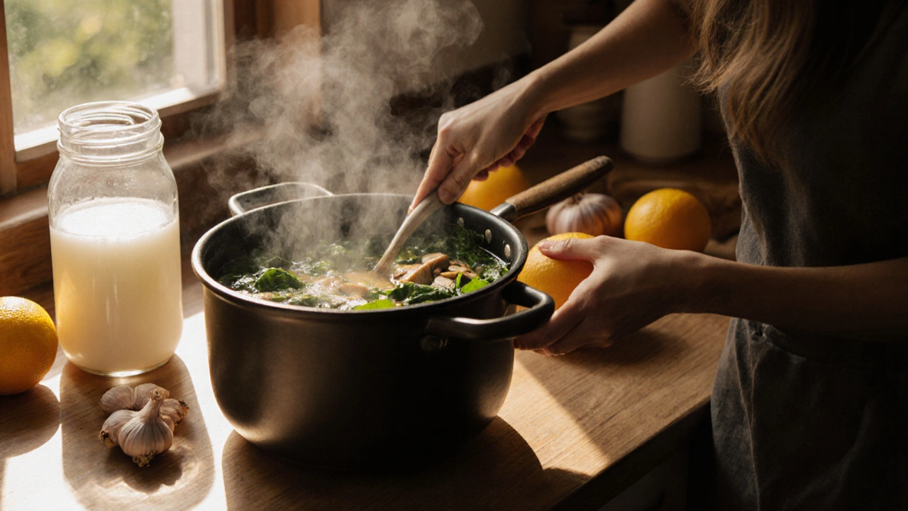 Žena vaří polévku s česnekem, houbami a špenátem v kuchyni.