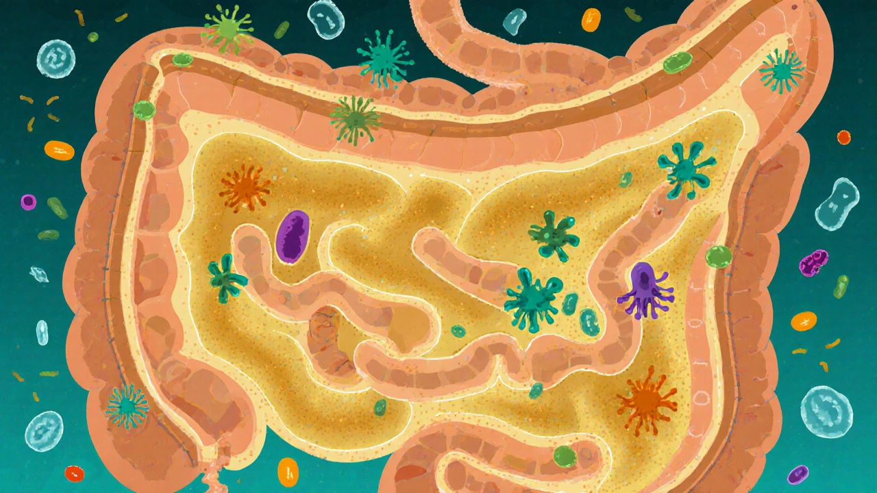 Živá střevní mikroflóra s přátelskými bakteriemi kolonizujícími střevní sliznici.