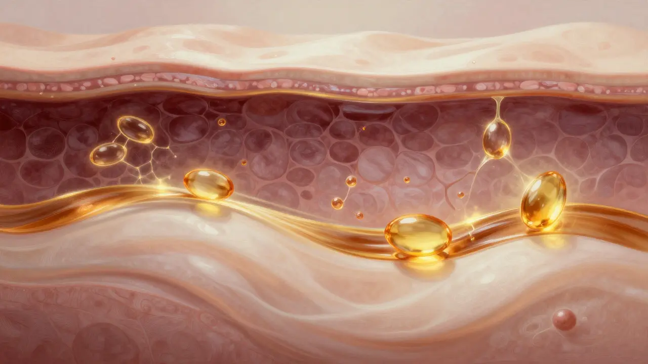 Abstraktní představa obnovy kůže s proudy mastných kyselin a vitamínů.