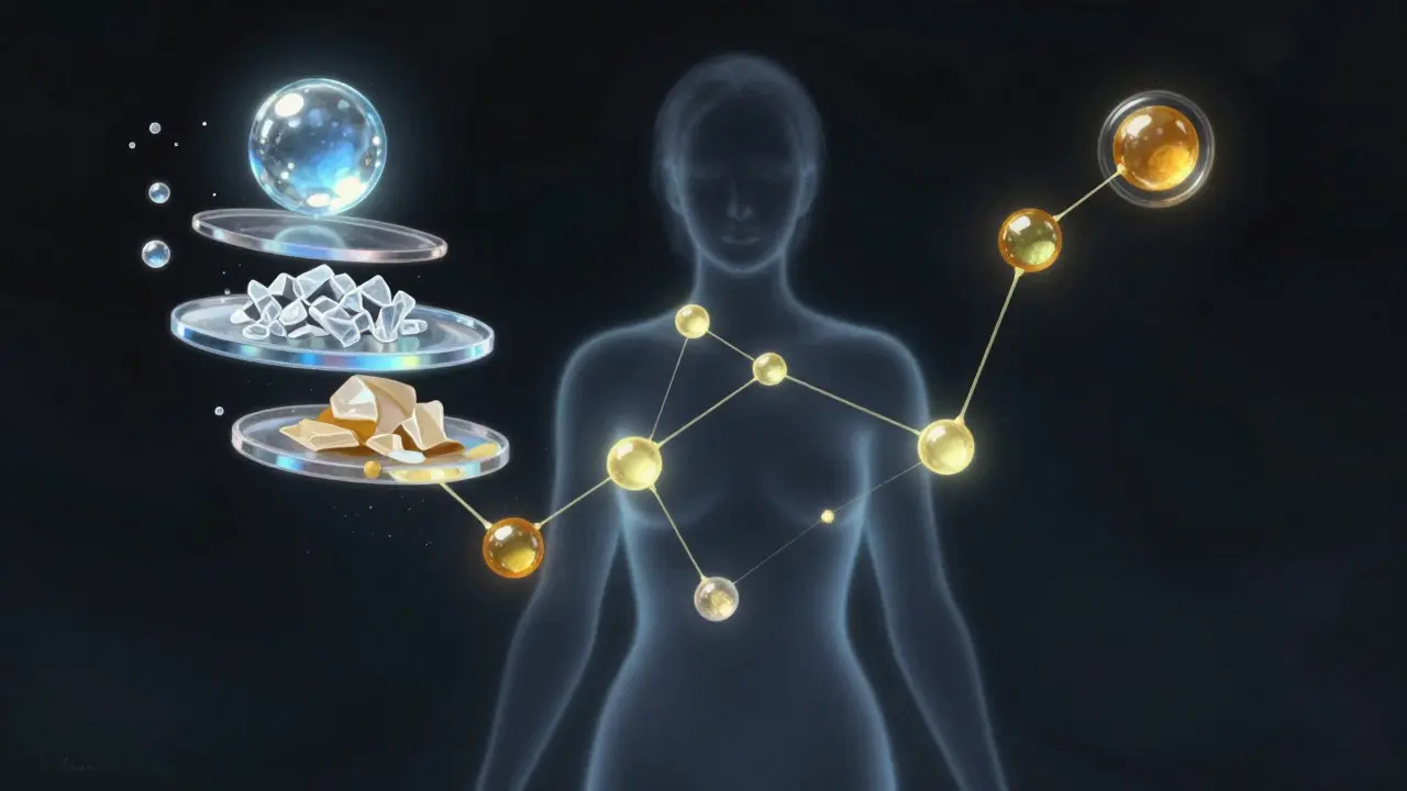 Abstraktní znázornění účinných látek v tělové kosmetice: kyselina hyaluronová, ceramidy a oleje.