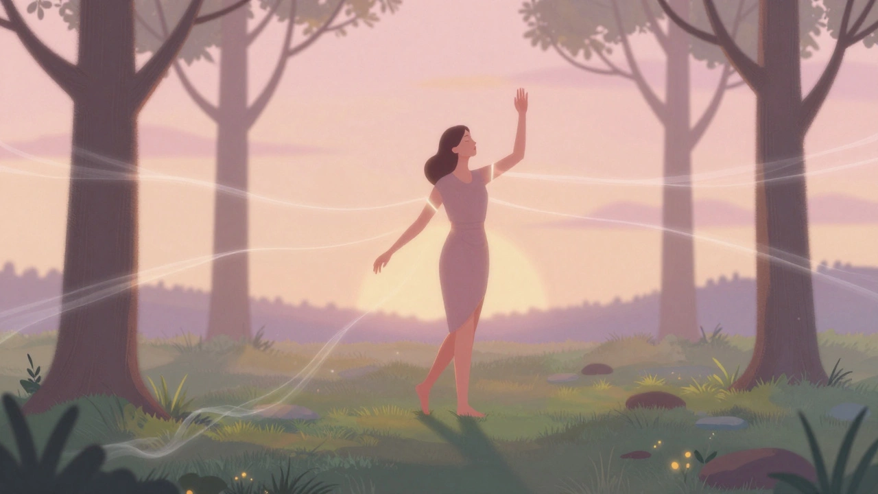 Člověk chodí po trávě na východu slunce, cítí obnovu energie.