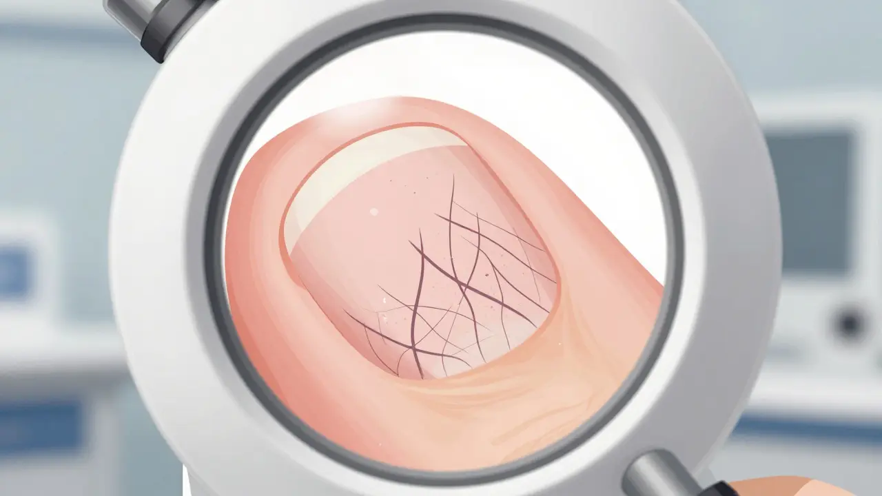 Dermatoskop zobrazující nepravidelný pigment pod nehtem.