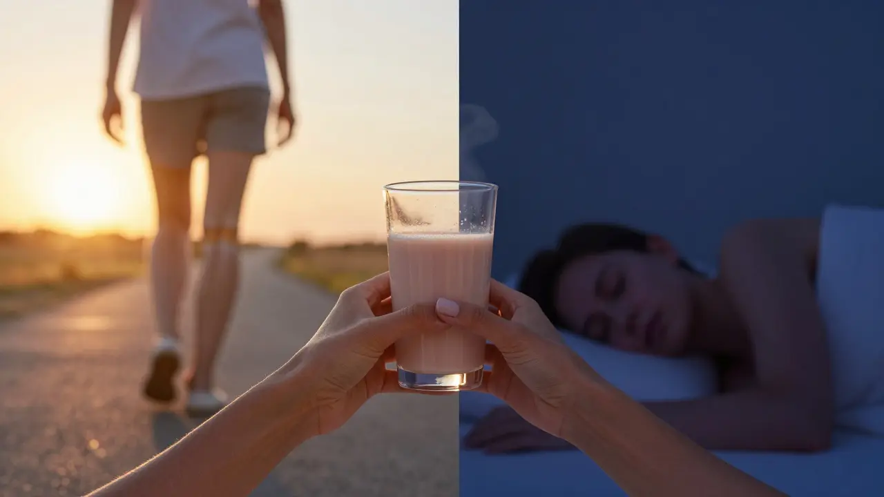 Dvě ruce s kolagenem – jedna ráno, jedna večer – symbolizující časové období.