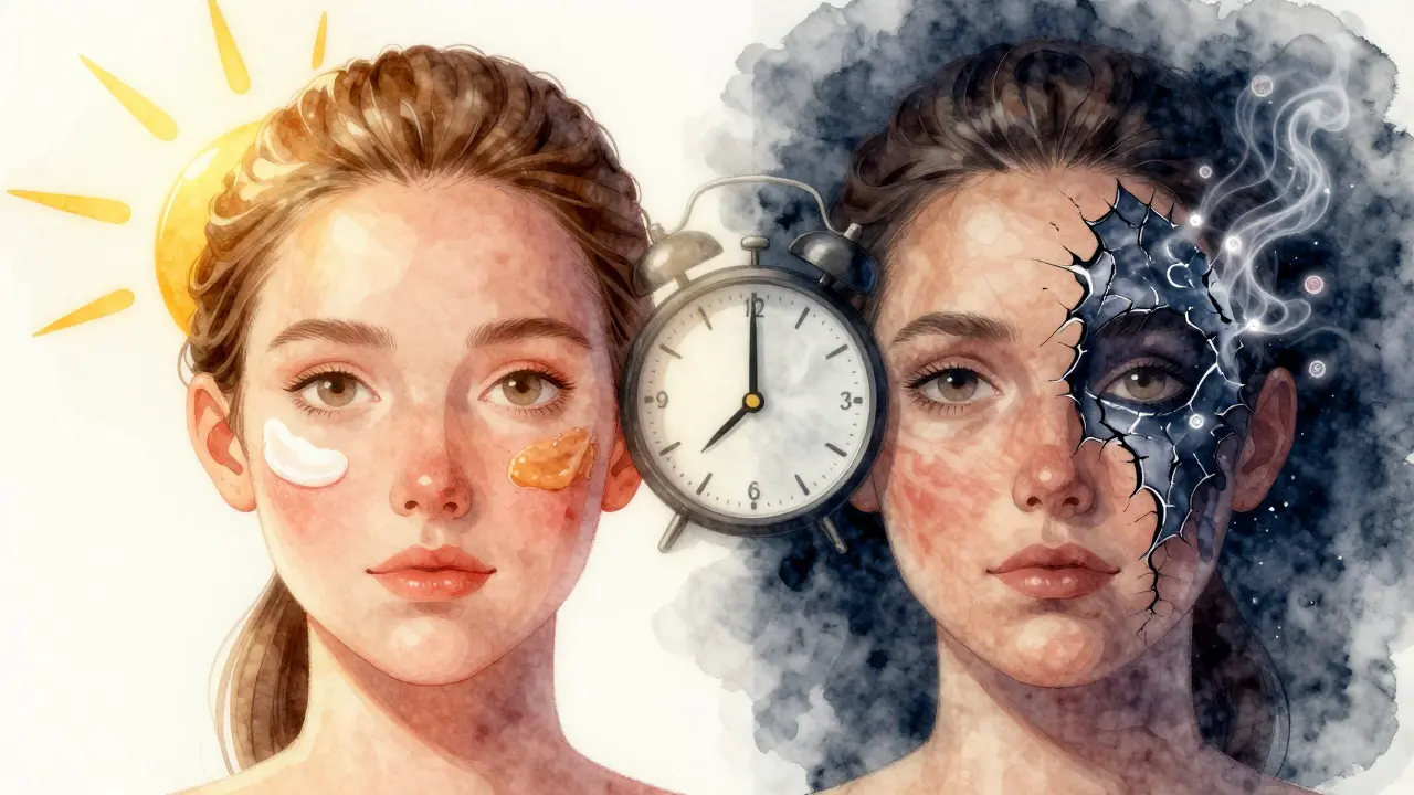 Dvoustranný obraz obličeje: jedna strana pod ochranou SPF, druhá pod nočním krémem s obnovou pleti.