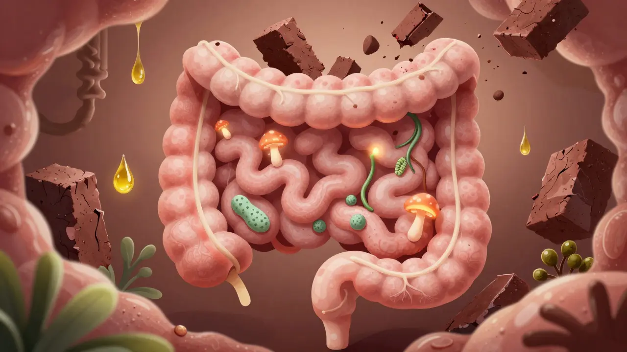 Ilustrace zdravého střevního sliznice jako zahrady s probiotickými bakteriemi a vlákninou, zatímco škodlivé látky padají jako kameny.