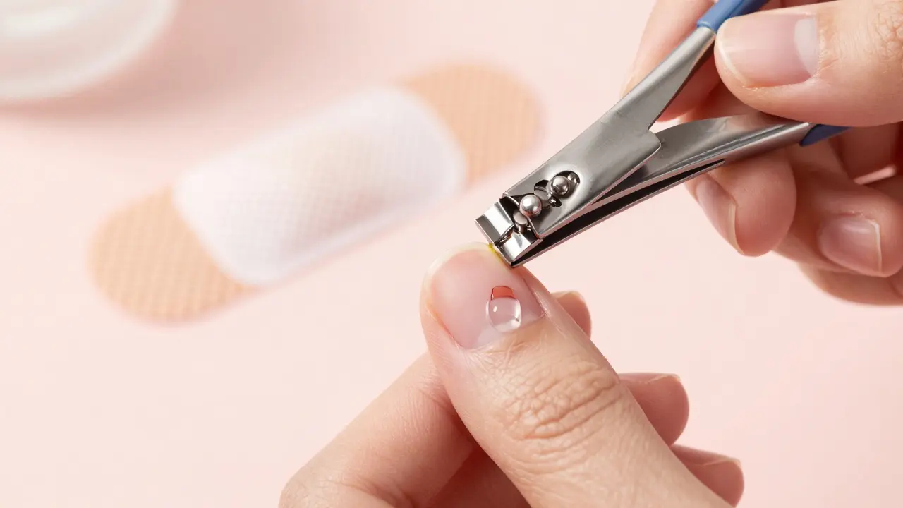 Jemně oříznutý kousek nehtu a hydrokoloidový obvaz na kůži.