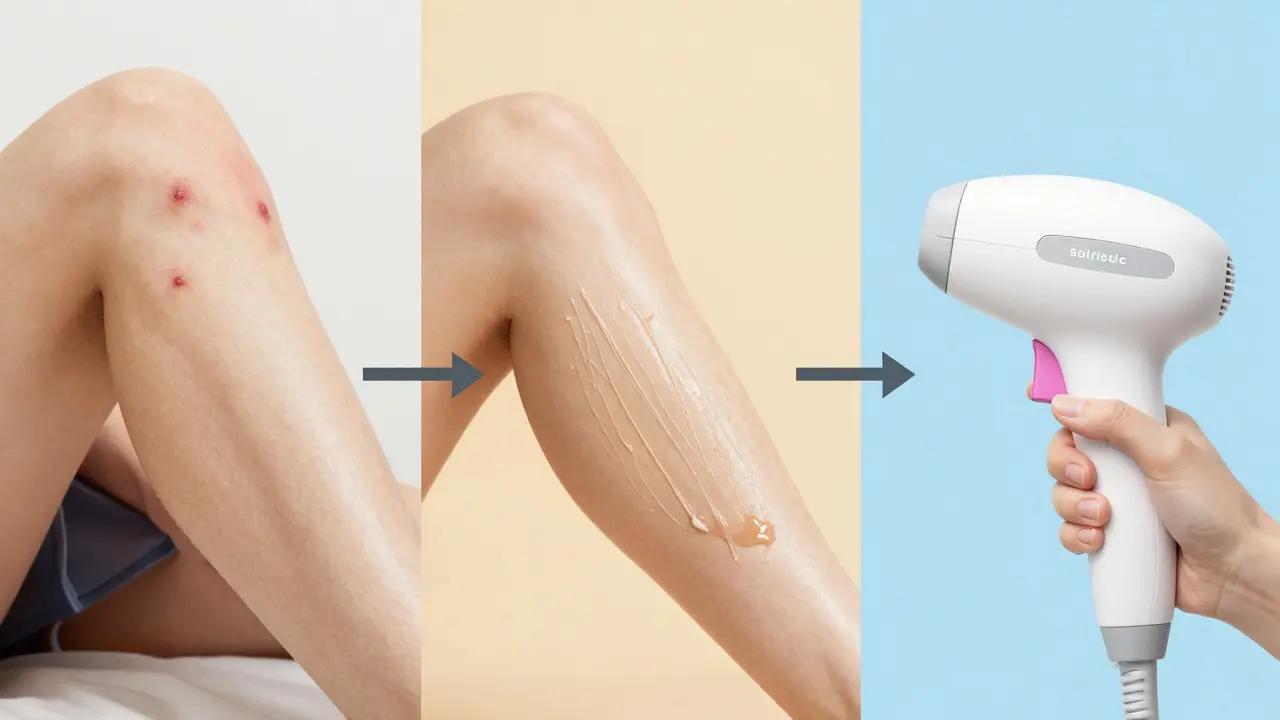 Kombinovaný obraz ukazující vývoj od zánětů po čistou kůži a laserovou epilaci.