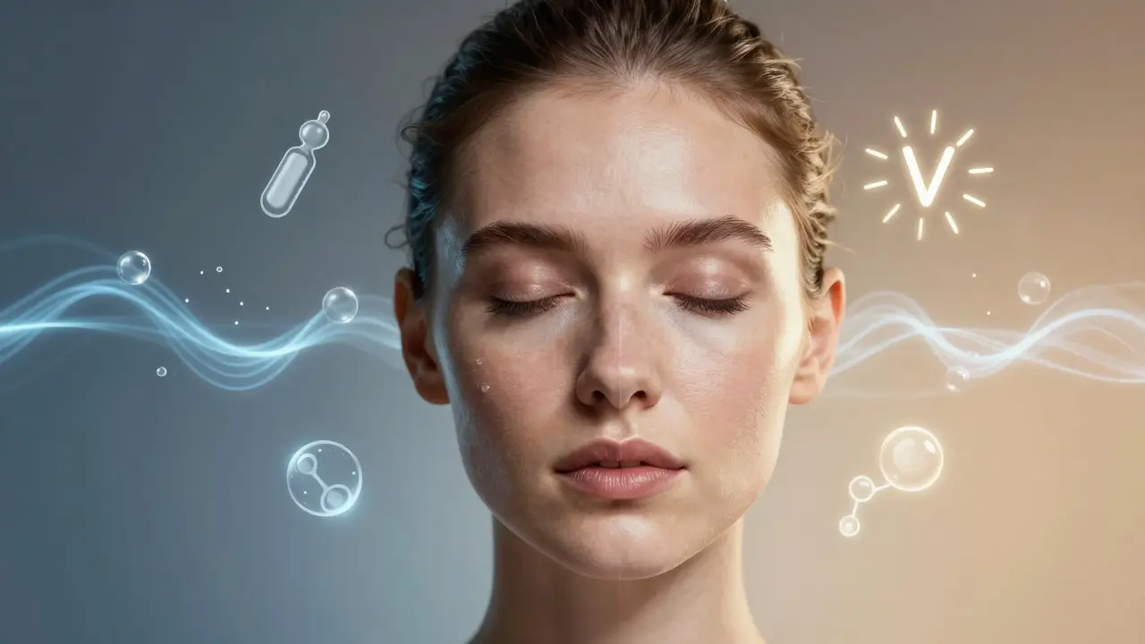 Koncepční obraz rozděleného obličeje s přirozenou obnovou pokožky a symboly péče.