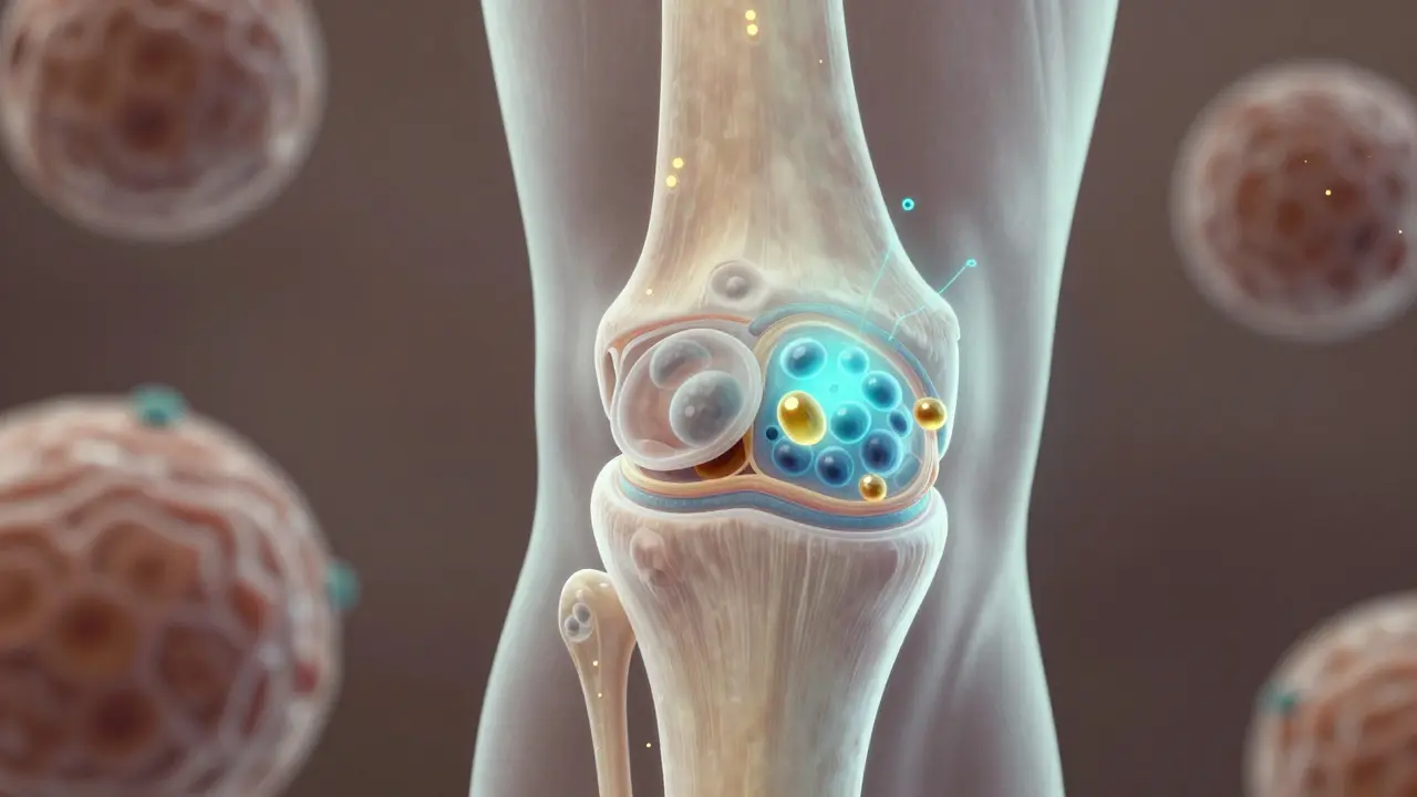 Mikroskopický pohled na obnovu chrupavky v kloubu pomocí rybího kolagenu.