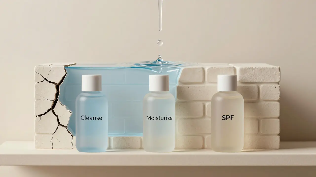 Minimální regál s třemi kroky péče o pleť a transparentním znázorněním zdravé bariéry pleti.