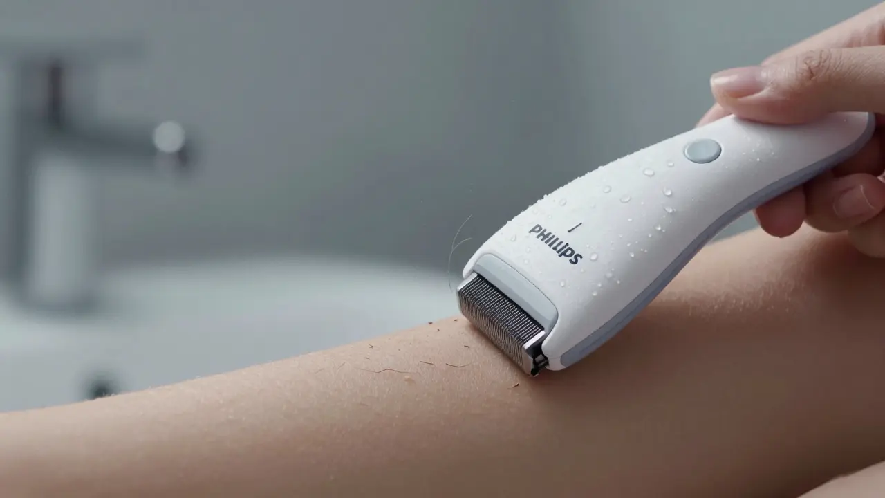 Moderní holič pro tělo jemně prochází po napnuté kůži bez tření.