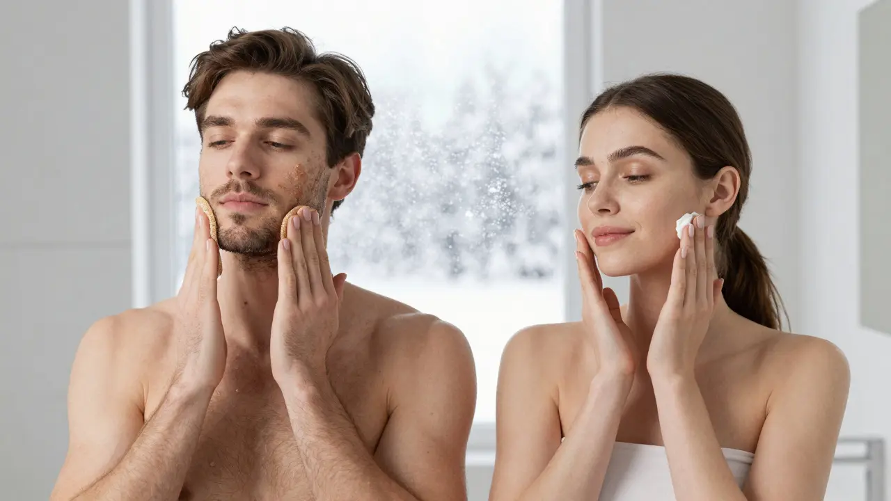 Muž a žena se starají o tělo – peeling a hydratace v zimní koupelně.