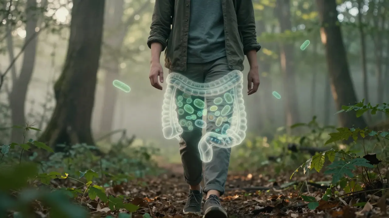 Osoba kráčející v lese v ranní mlze, s jemným zářivým obrazem zdravého mikrobiomu pod břichem — spojení pohybu a střevního zdraví.