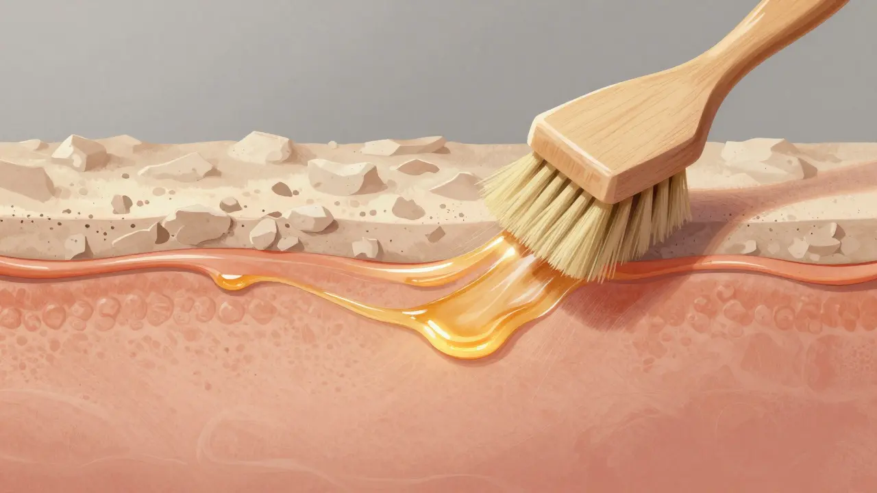 Přechod hrubé, suché kůže k lesklé, zdravé kůži s výživnými oleji.