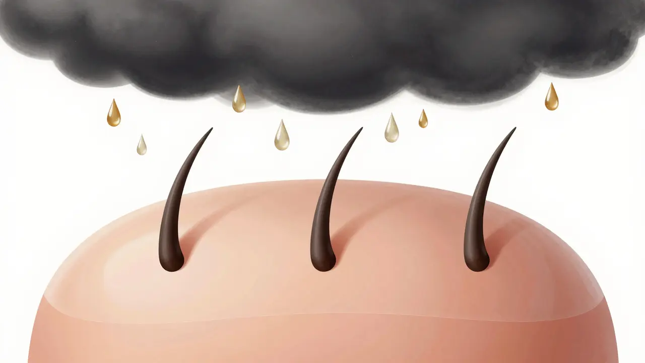 Přehled vlasových folikulů ve třech fázích s živinami a stresem jako vizuálními prvky.