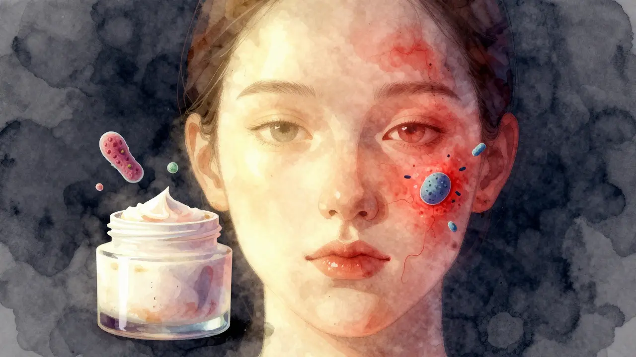 Příklad poškozené pleti způsobené starým krémem s mikroby vystupujícími z nádoby.