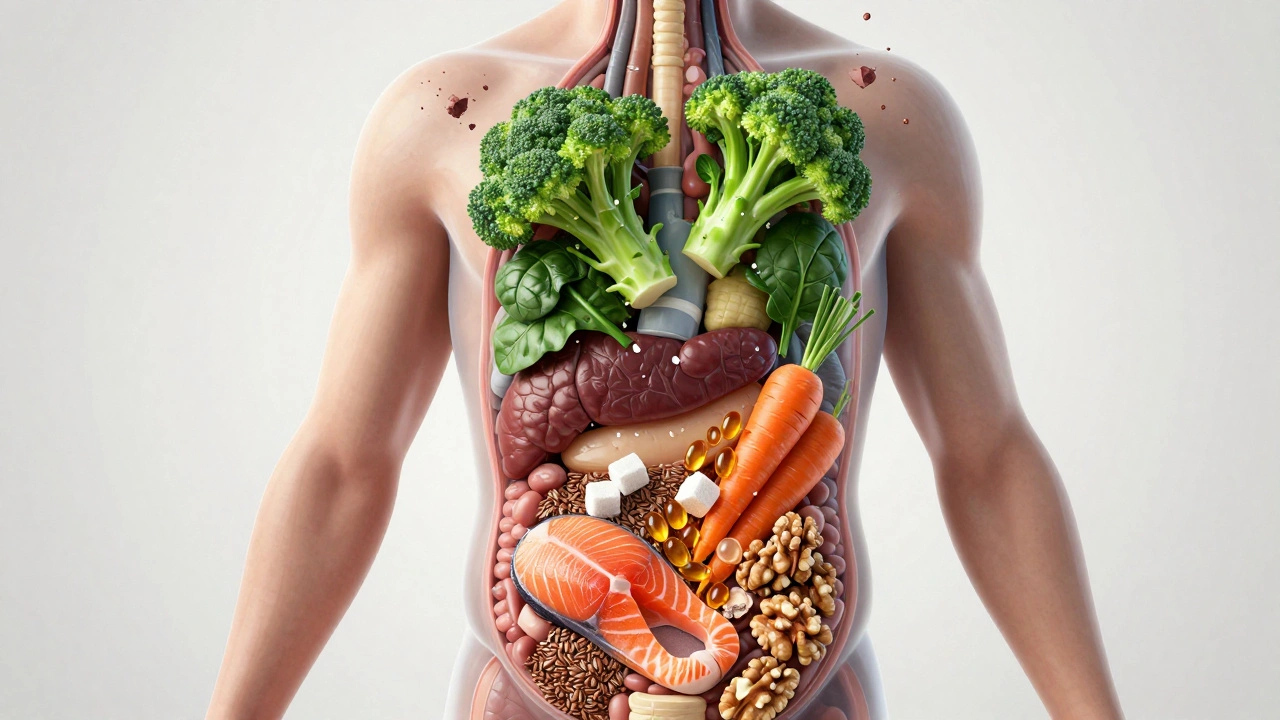 Průhledný lidský břicho s zeleninou a zdravými tuky jako léčivou energií, cukr jako rozpadající se odpad.