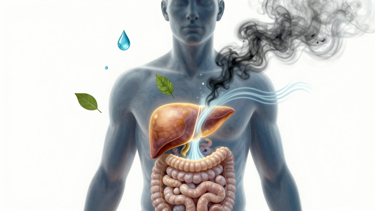 Průhledný lidský obraz s čistícími orgány a odstraňováním toxinů.