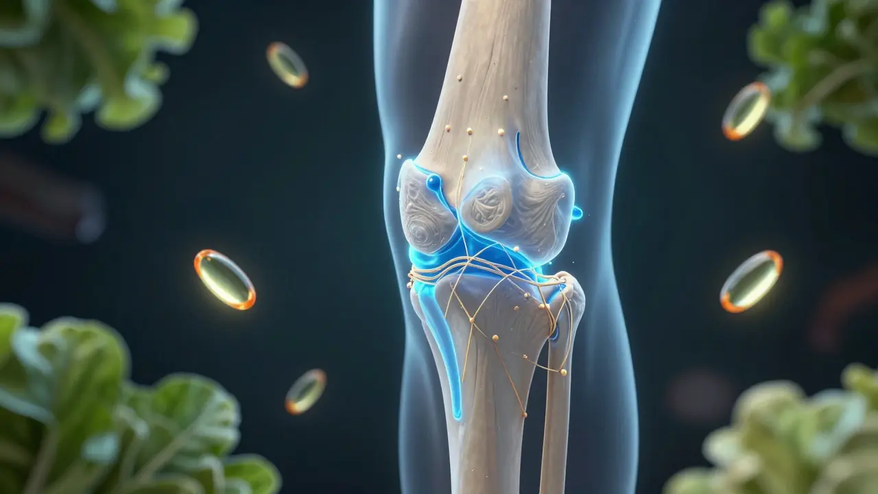Regenerující kloub s kolagenovými vlákny a hyaluronovou kyselinou, obklopený výživnými látkami.