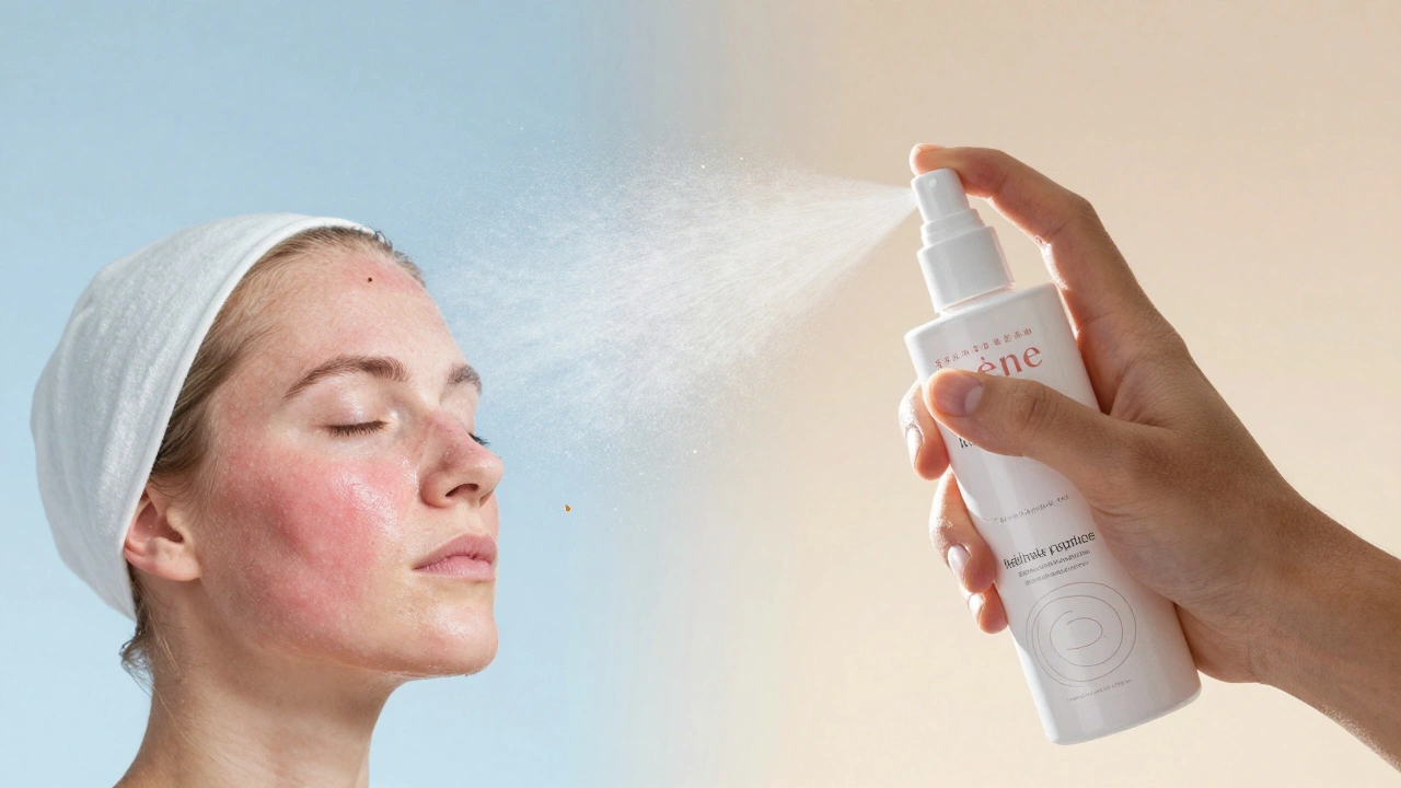 Ruce stříkají termální vodu na zarudlou pokožku, zatímco se v ovzduší objevují mikroskopické reparativní částice.