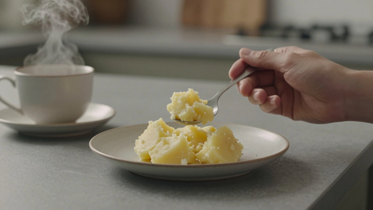 Ruka podává měkkou vařenou bramboru na talíři, v pozadí teplý čaj.