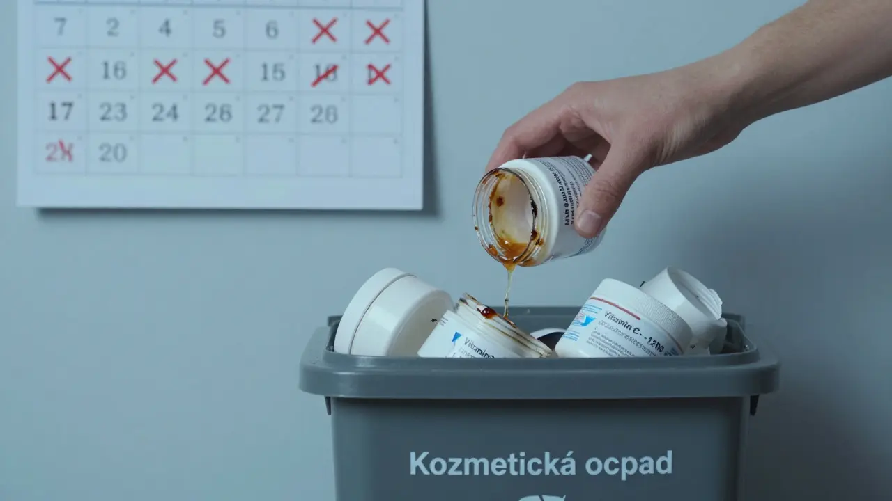 Ruky házející vypršelé krémy do recyklačního kontejneru s označením.