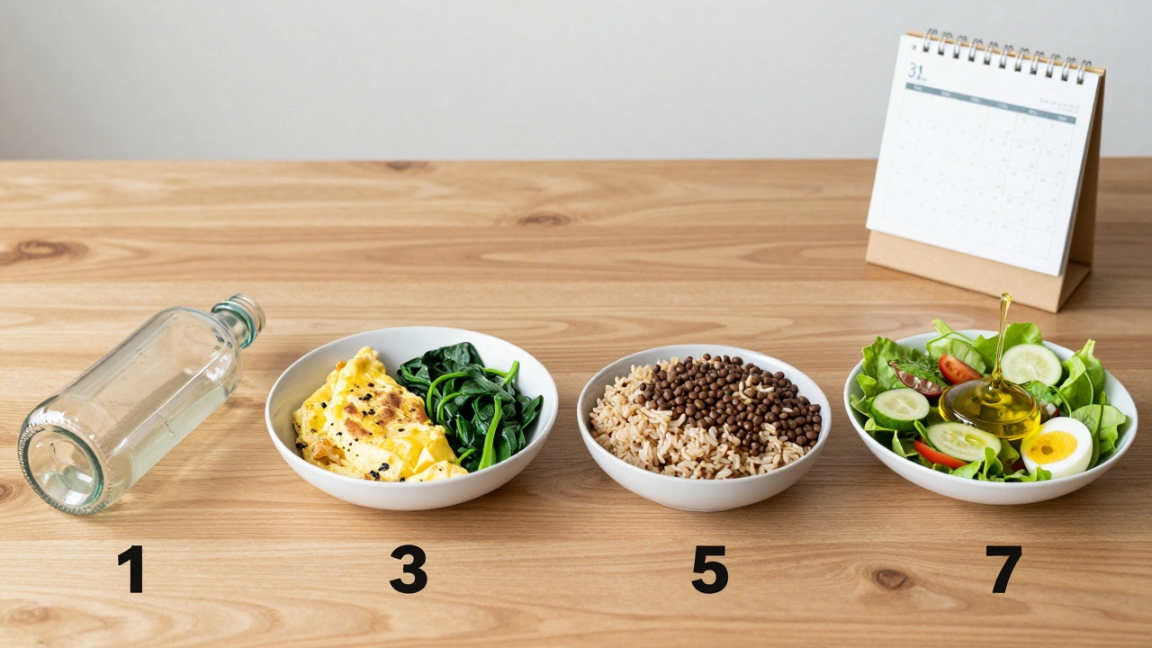 Sekvence jídel po 7 dnech: od odstranění cukru až po přidání zdravých tuků – postupné zlepšení stravy.